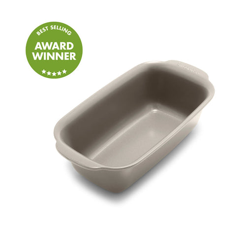 Taupe ceramic nonstick 1 lb. loaf pan with a green Best Selling Award Winner badge on the corner.