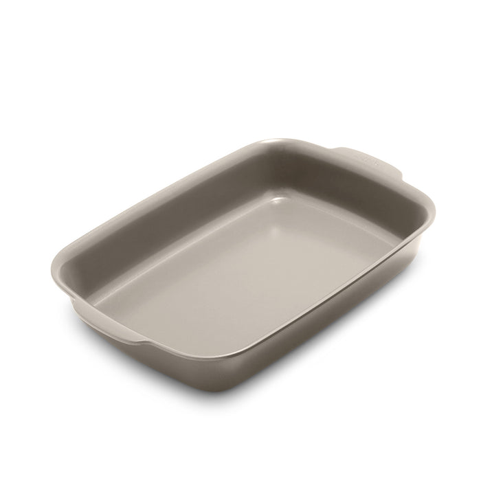 Taupe ceramic rectangular baker with handles, 13x9 size.