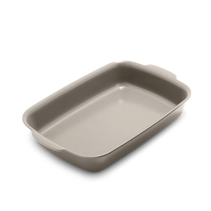 Taupe ceramic rectangular baker with handles, 13x9 size.