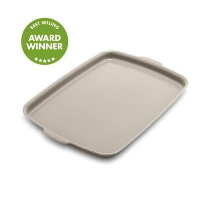 Taupe ceramic nonstick half sheet pan beside a green Best Selling Award Winner badge.
