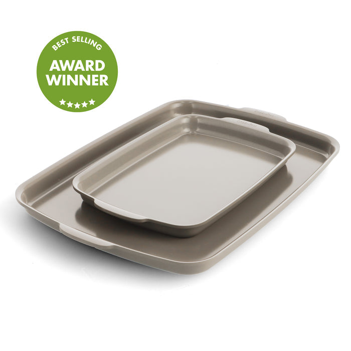Two taupe ceramic nonstick sheet pans stacked, with a green Best Selling badge in the corner.