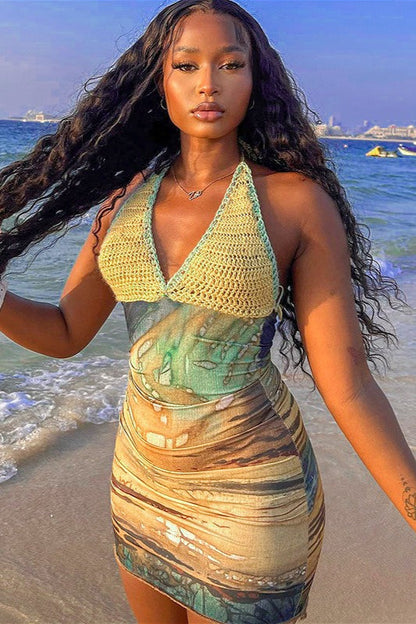 Printed Knit Deep V Halter Mini Dress