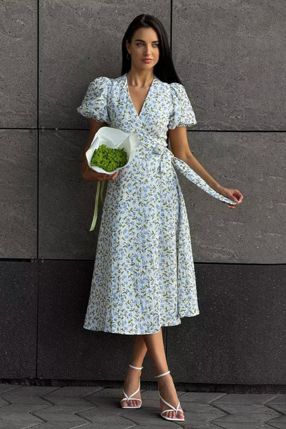 Printed Puff Sleeve Cotton Midi Dress
