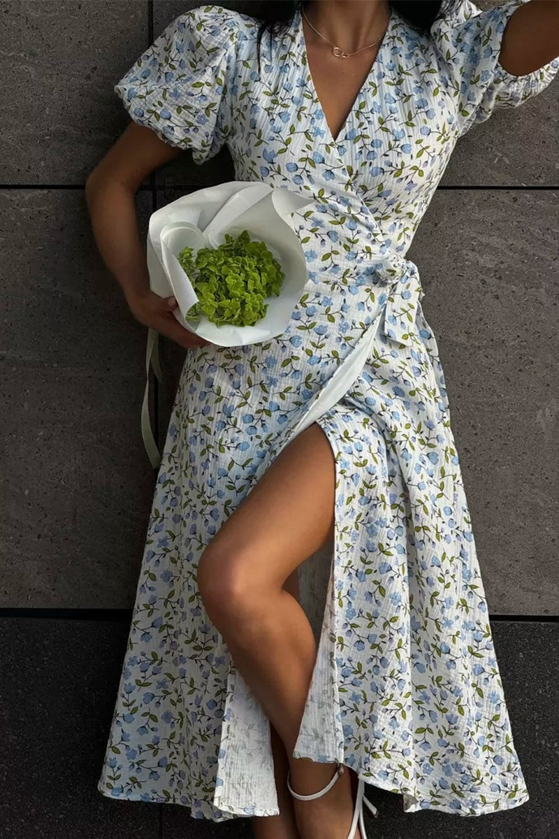 Printed Puff Sleeve Cotton Midi Dress