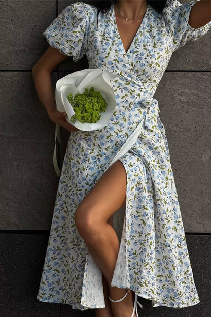 Printed Puff Sleeve Cotton Midi Dress