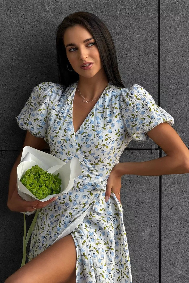 Printed Puff Sleeve Cotton Midi Dress