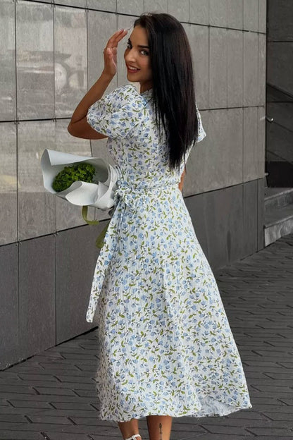 Printed Puff Sleeve Cotton Midi Dress