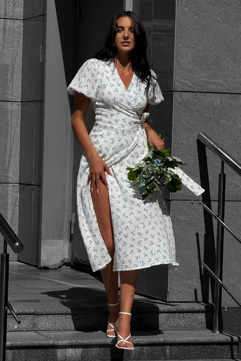 Printed Puff Sleeve Cotton Midi Dress