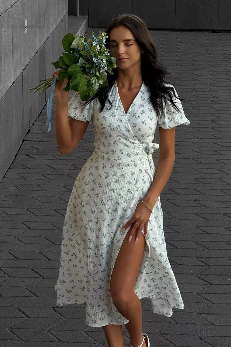 Printed Puff Sleeve Cotton Midi Dress