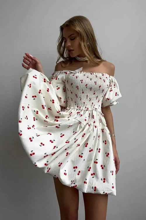 Printed Puff Sleeve Waist Slim Mini Dress