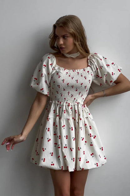 Printed Puff Sleeve Waist Slim Mini Dress