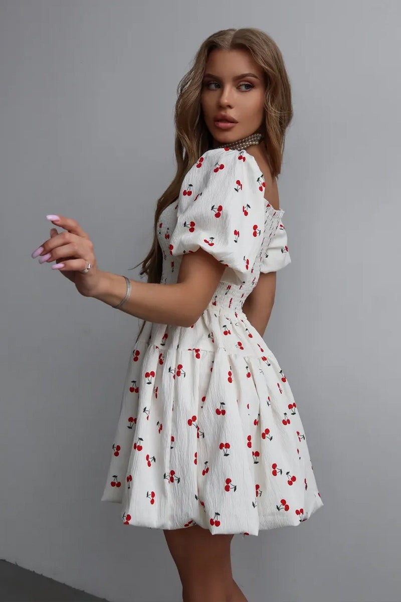 Printed Puff Sleeve Waist Slim Mini Dress