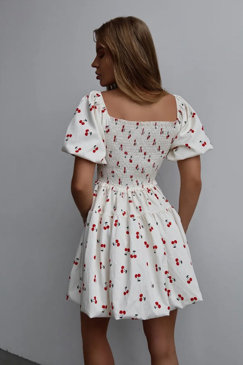 Printed Puff Sleeve Waist Slim Mini Dress