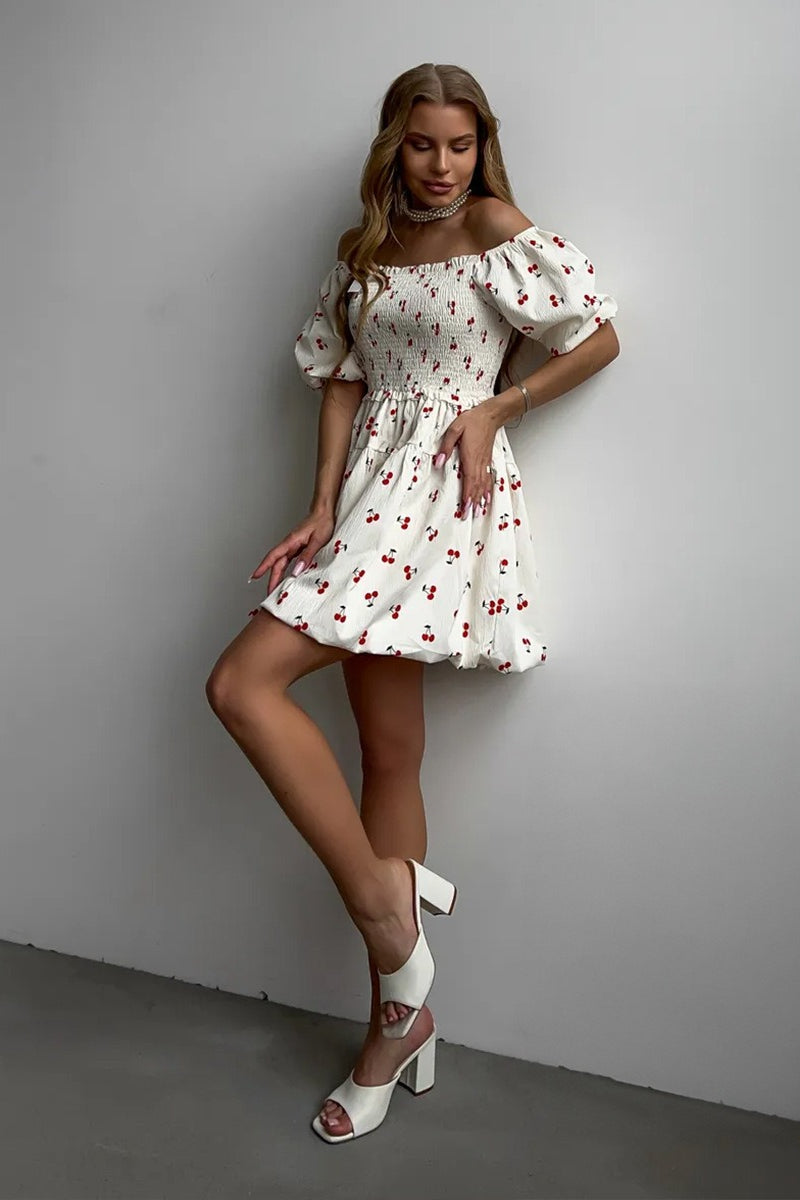 Printed Puff Sleeve Waist Slim Mini Dress