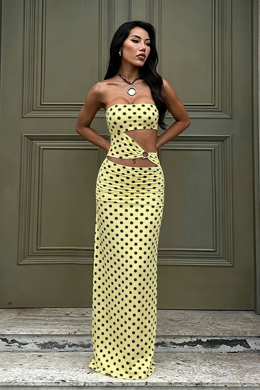 Printed Strapless Cut Out Bodycon Maxi Dress