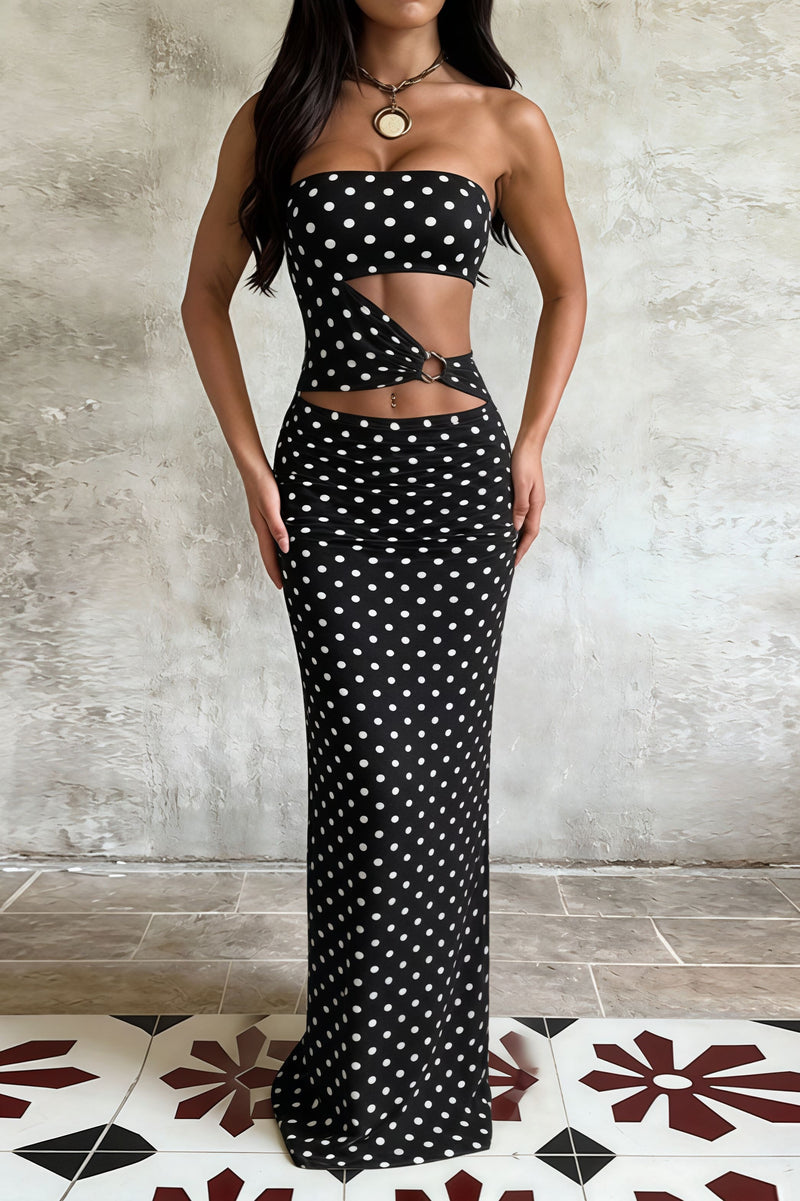 Printed Strapless Cut Out Bodycon Maxi Dress