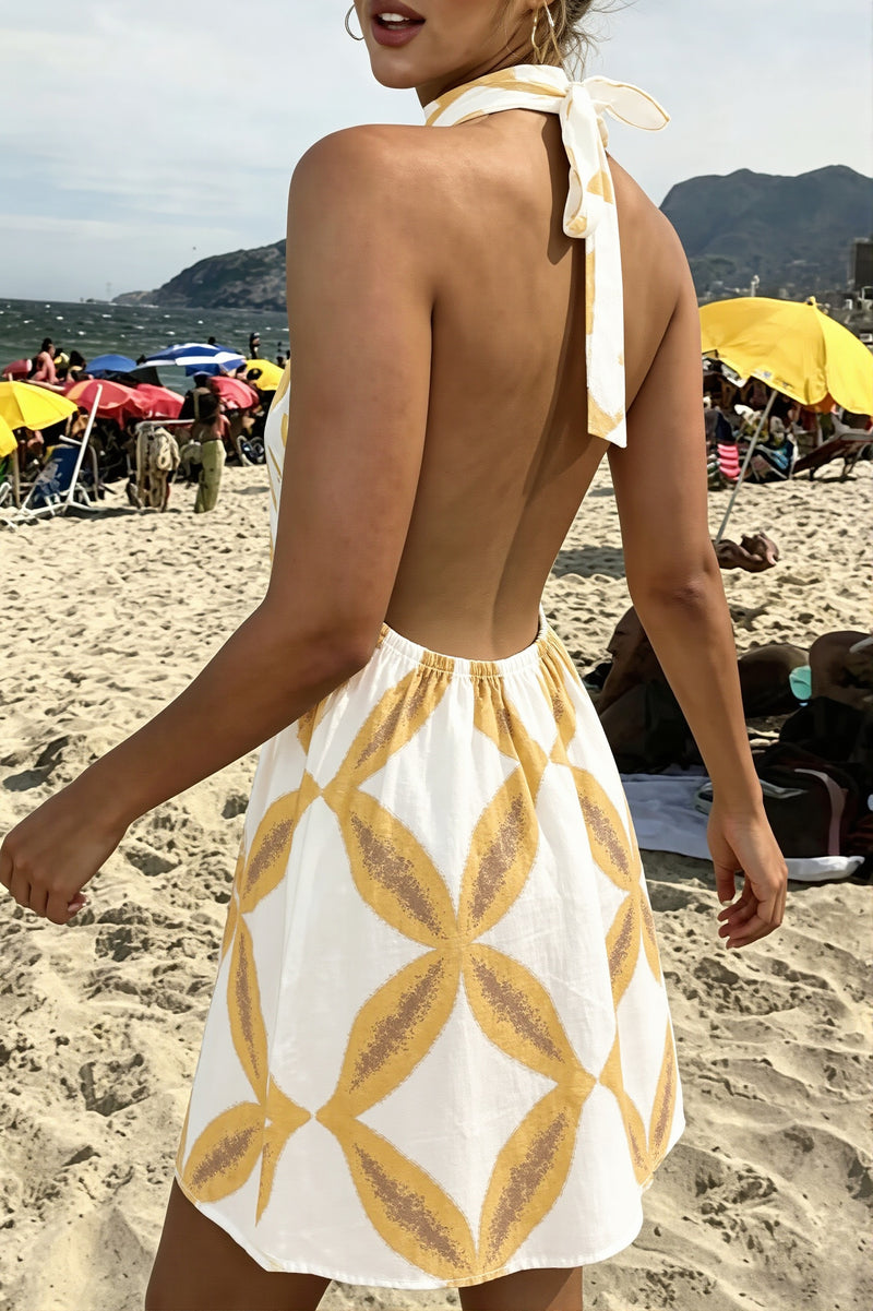 Printed Tie Waist Sleeveless Vacation Mini Dress