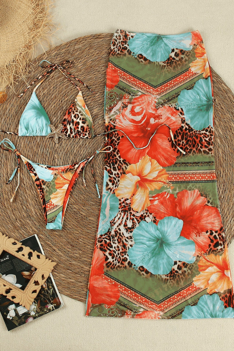 Printed Triangle Cup Quick Dry Three Piece Swim Set