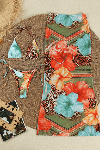 Printed Triangle Cup Quick Dry Three Piece Swim Set