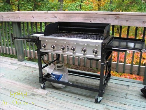 Propane Grill Rental 6 Burner Event Grill on a wooden deck, perfect for outdoor cooking and catering events.