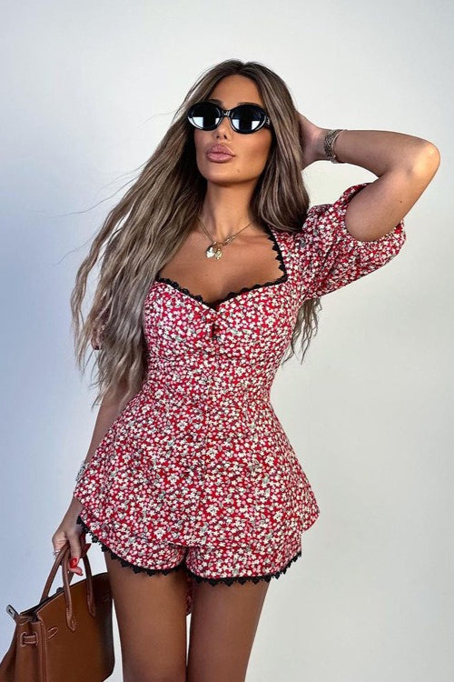Puff Sleeve Floral Tie Two Piece Set