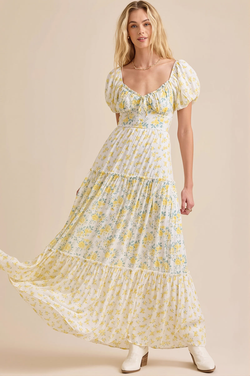 Puff Sleeve Floral V Neck Boho Dress