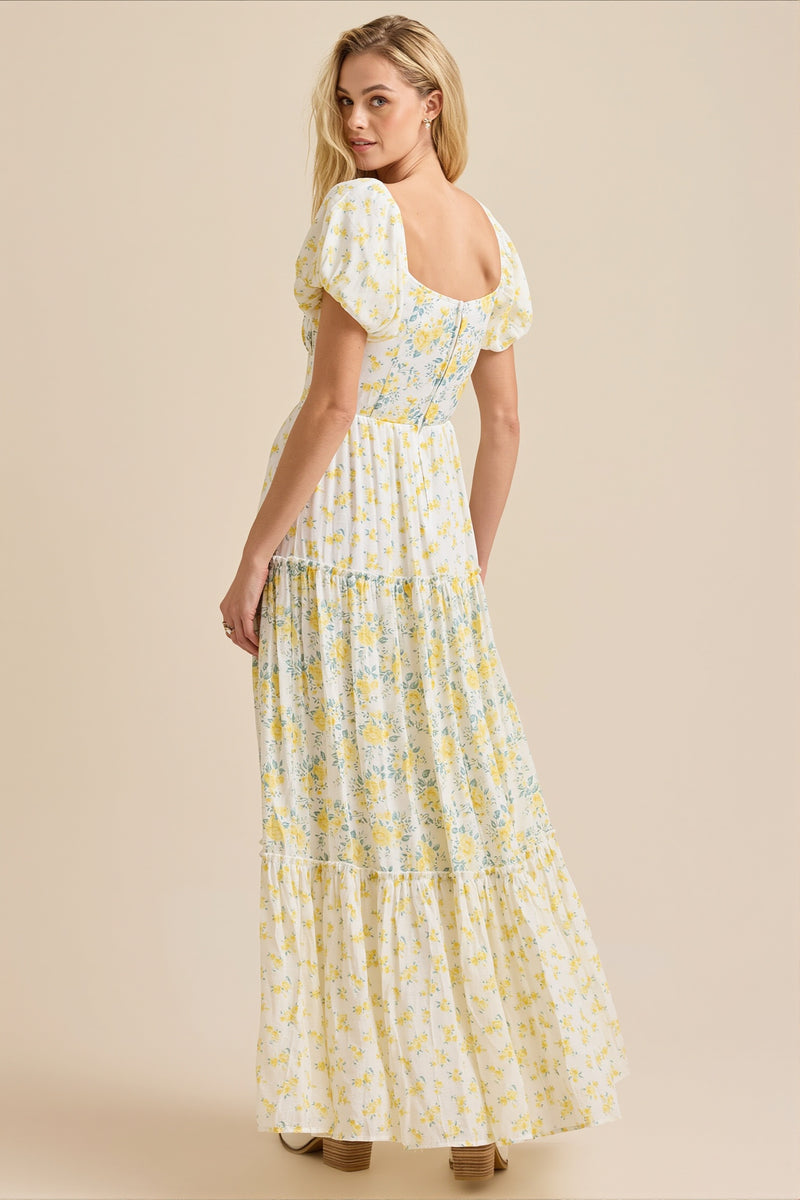 Puff Sleeve Floral V Neck Boho Dress