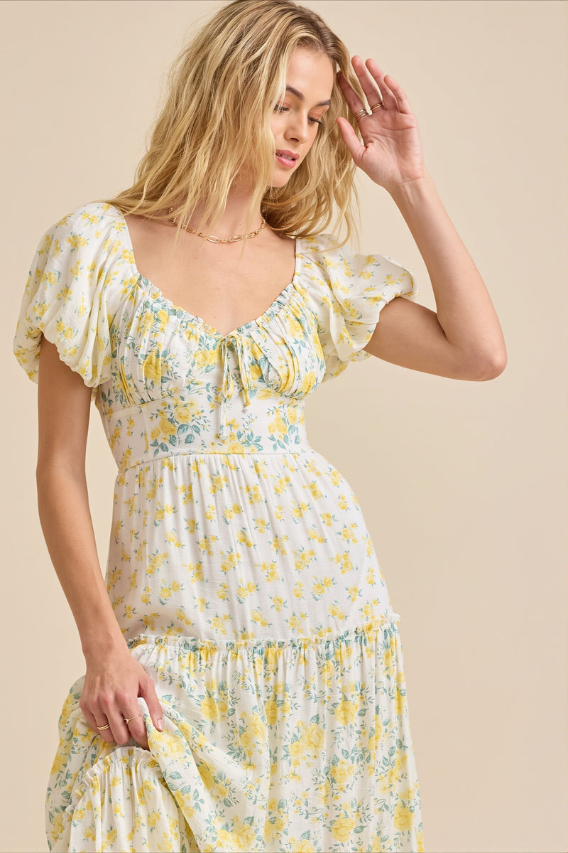 Puff Sleeve Floral V Neck Boho Dress