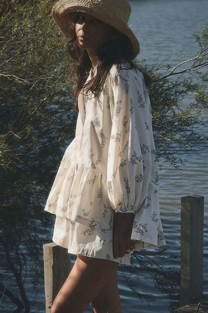 Puff Sleeve High Neck Ruffle Floral Two Piece Set