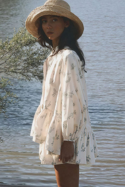 Puff Sleeve High Neck Ruffle Floral Two Piece Set