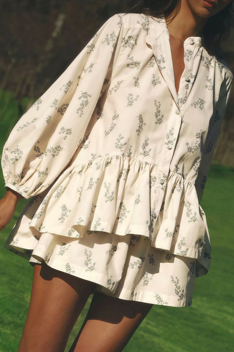 Puff Sleeve High Neck Ruffle Floral Two Piece Set