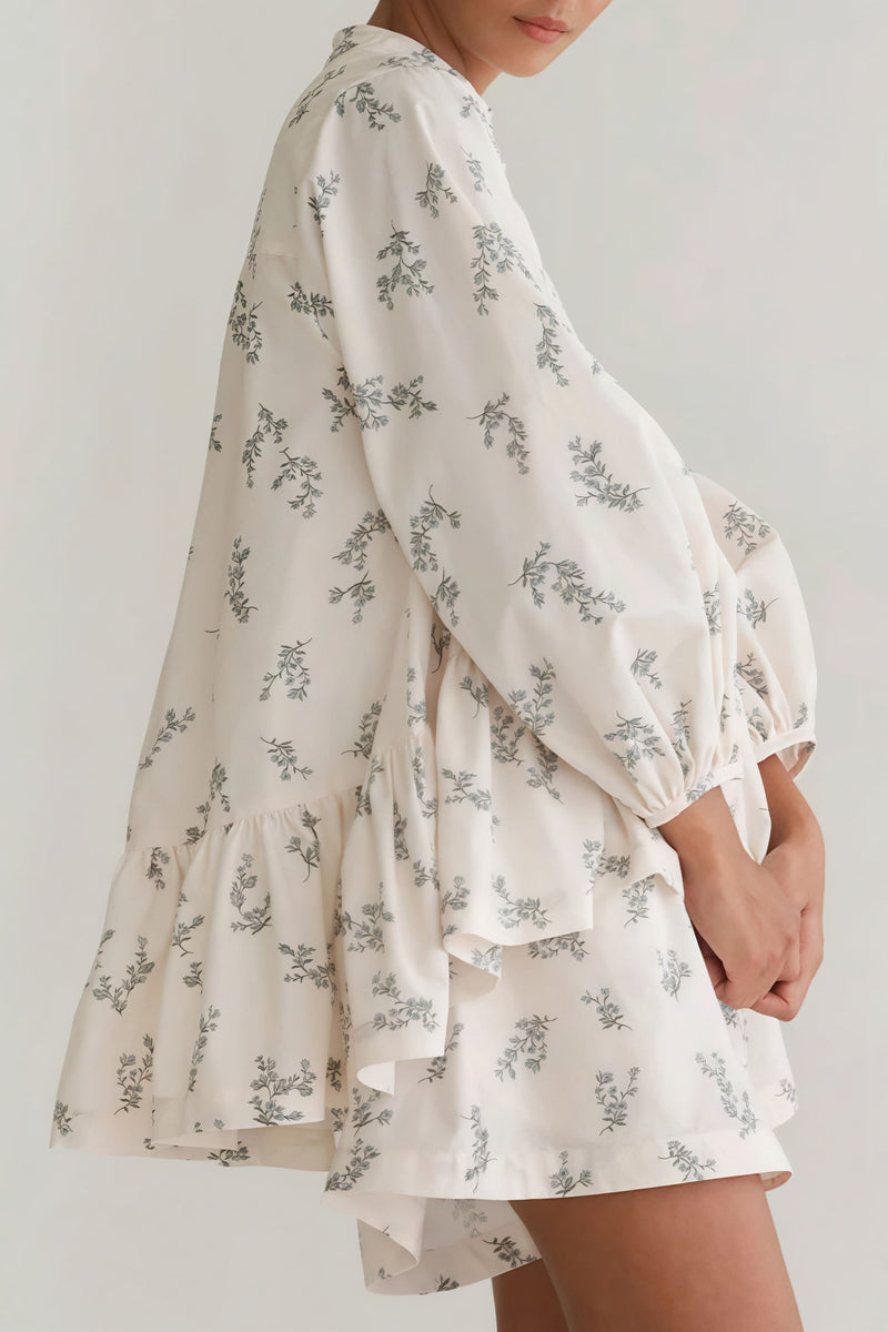 Puff Sleeve High Neck Ruffle Floral Two Piece Set