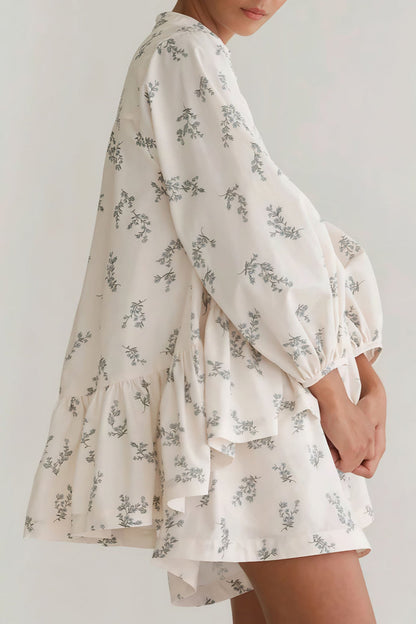 Puff Sleeve High Neck Ruffle Floral Two Piece Set