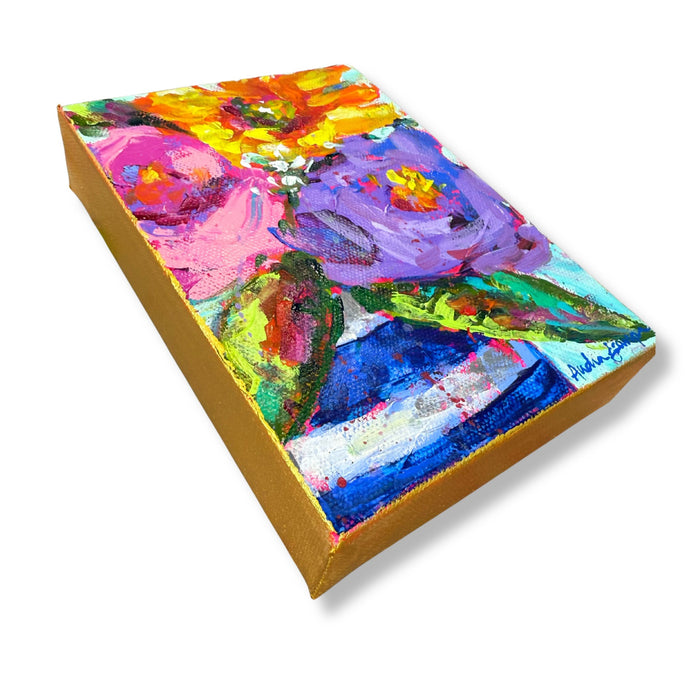"Purple Rose Blue Stripe" Floral Bouquet Original 5x7" Painting on Gallery Wrapped Canvas
