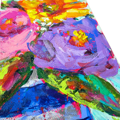 "Purple Rose Blue Stripe" Floral Bouquet Original 5x7" Painting on Gallery Wrapped Canvas