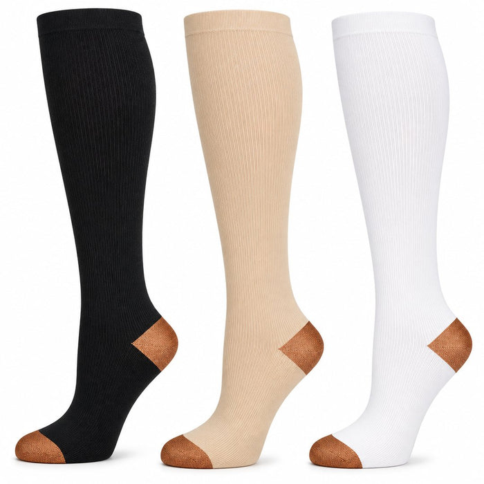 Copper compression socks, set of 3 in black, beige and white, on white background