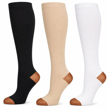 Copper compression socks, set of 3 in black, beige and white, on white background