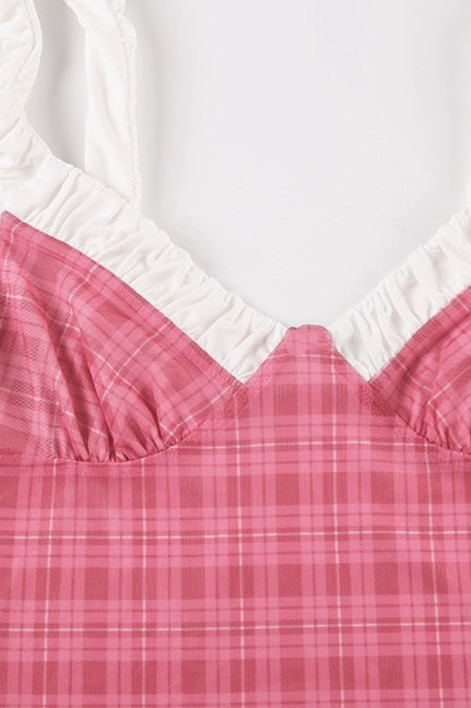 Red Plaid Mesh Ruched Two Piece Set