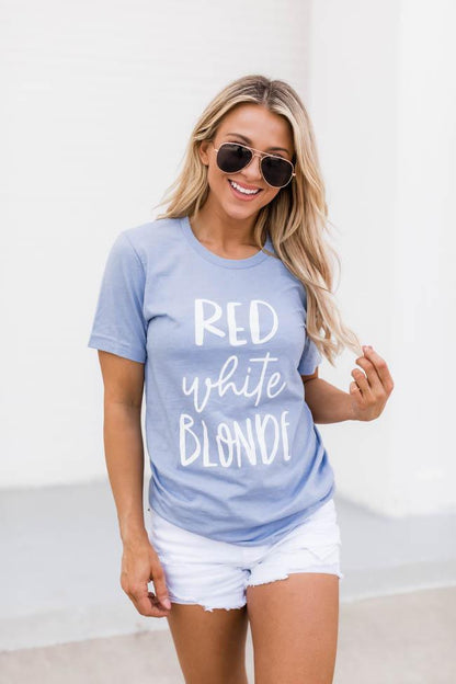 Red White Blonde Graphic Tee Dusty Blue