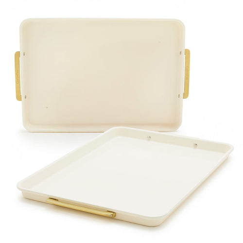 Two cream half sheet pans with gold-tone handles, 2-piece set, displayed upright and flat on a white background.