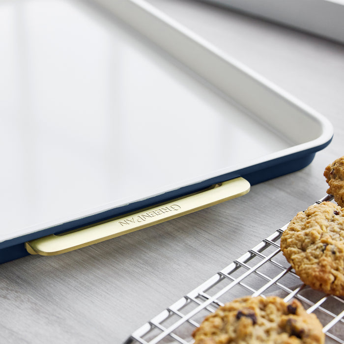 Reserve sheet pan with gold-tone handles