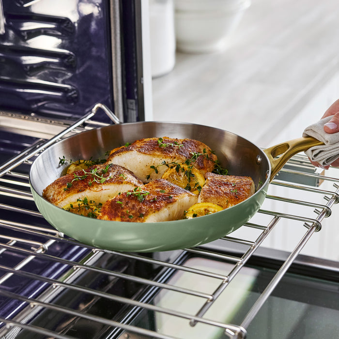 Green frying pan with cooked fish and vegetables on an oven rack
