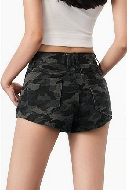 Retro Camo Denim A Line Wide Leg Shorts