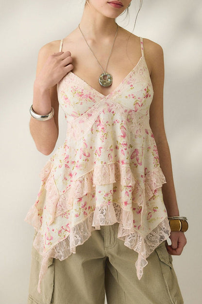 Retro Floral Chiffon Ruffled Cami Top