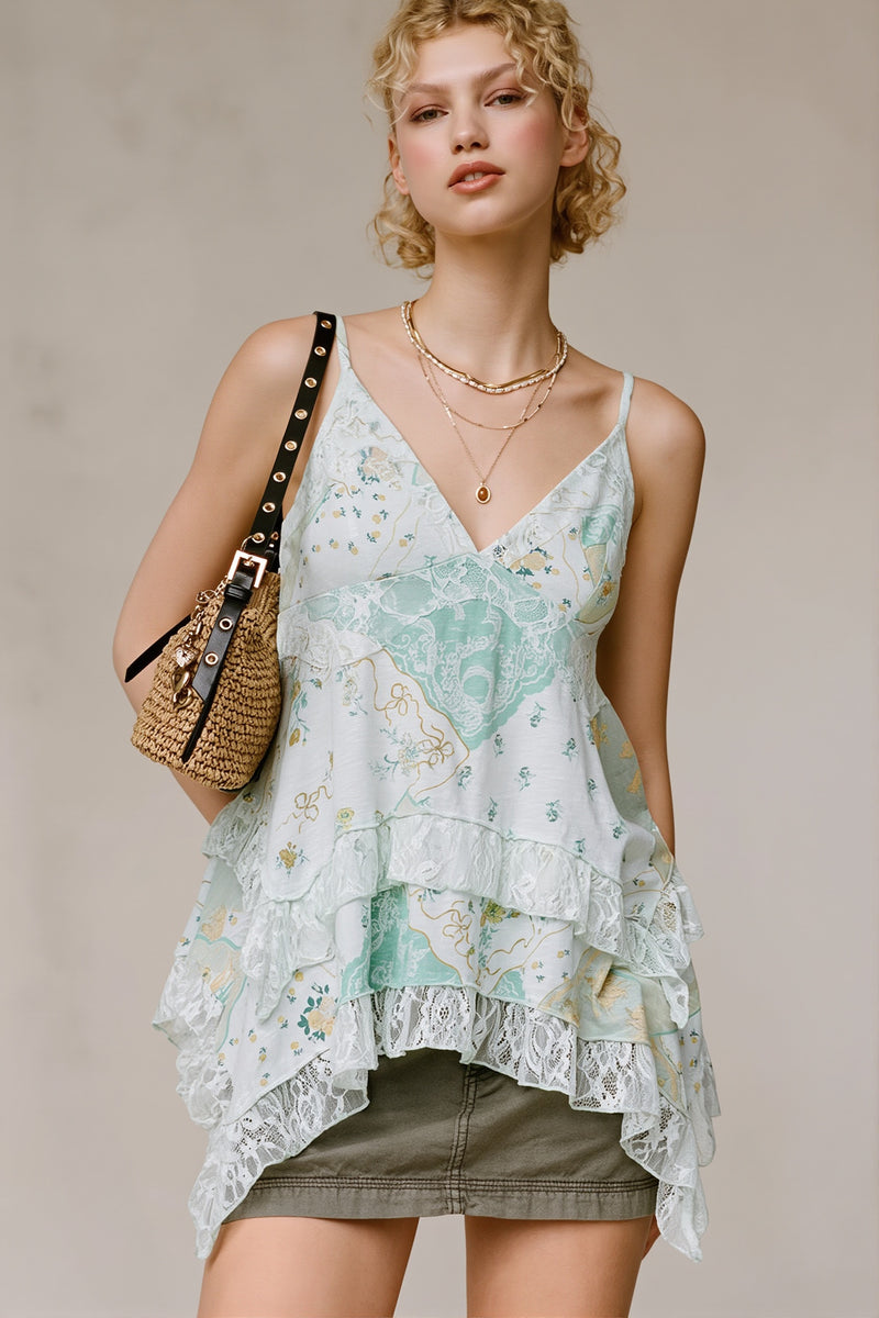 Retro Floral Chiffon Ruffled Cami Top