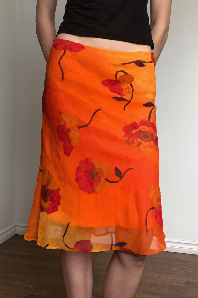 Retro Floral Contrast Chiffon Skirt