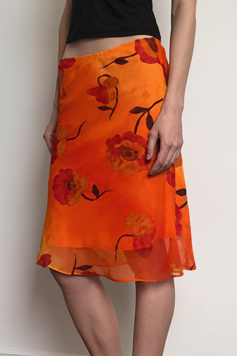 Retro Floral Contrast Chiffon Skirt