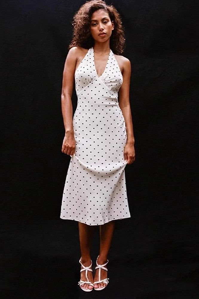 Retro Halter V Neck Polka Dot Sexy Midi Dress