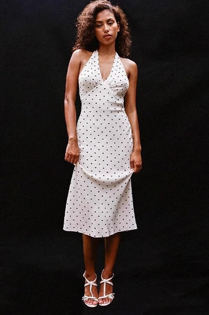 Retro Halter V Neck Polka Dot Sexy Midi Dress