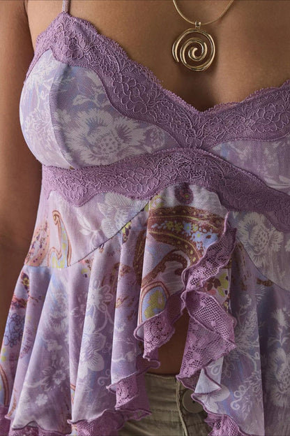 Retro Lace Mesh Splice Floral Cami Top